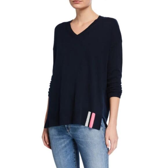 Lisa Todd Patch V-Neck Cotton/Cashmere Sweater Sequin Elbow Patches Navy XS - Picture 1 of 14